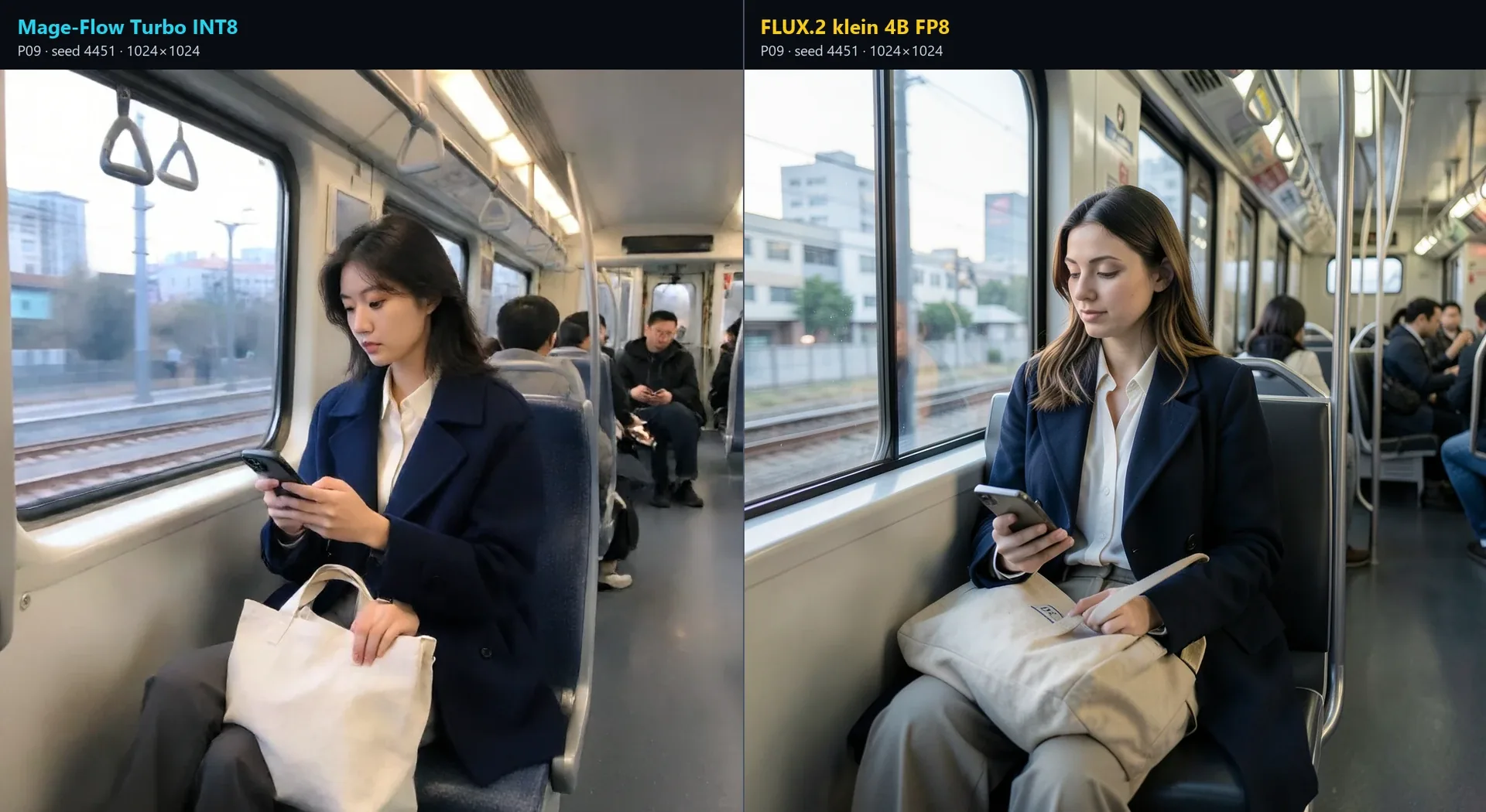Labelled commuter-train comparison between Mage-Flow Turbo INT8 and FLUX.2 klein 4B FP8