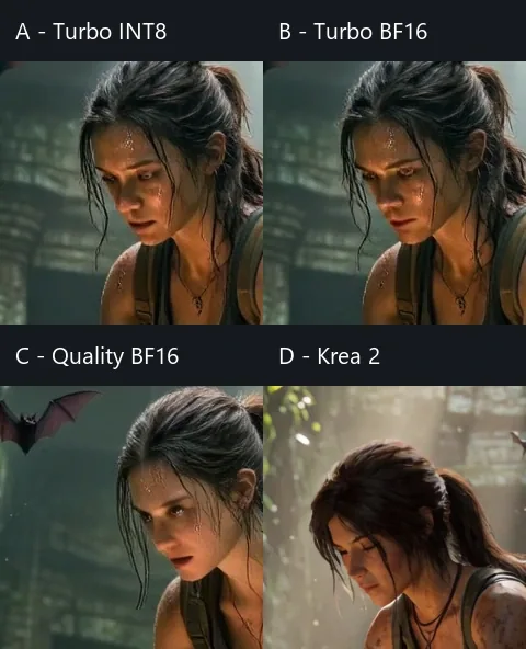 Native face crop comparing Mage-Flow Turbo INT8, Turbo BF16, Quality BF16 and Krea 2