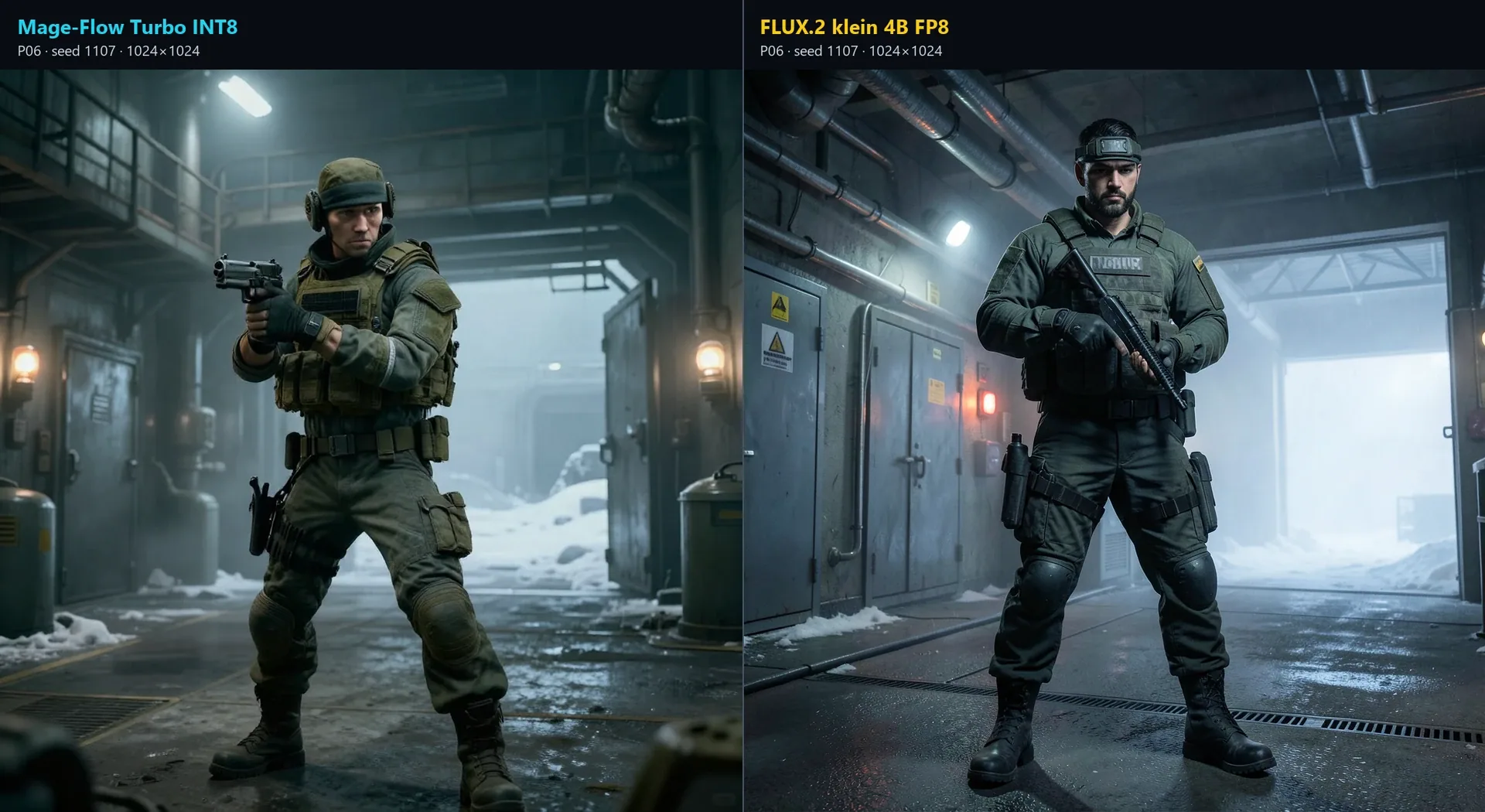 Labelled Solid Snake comparison between Mage-Flow Turbo and FLUX.2 klein
