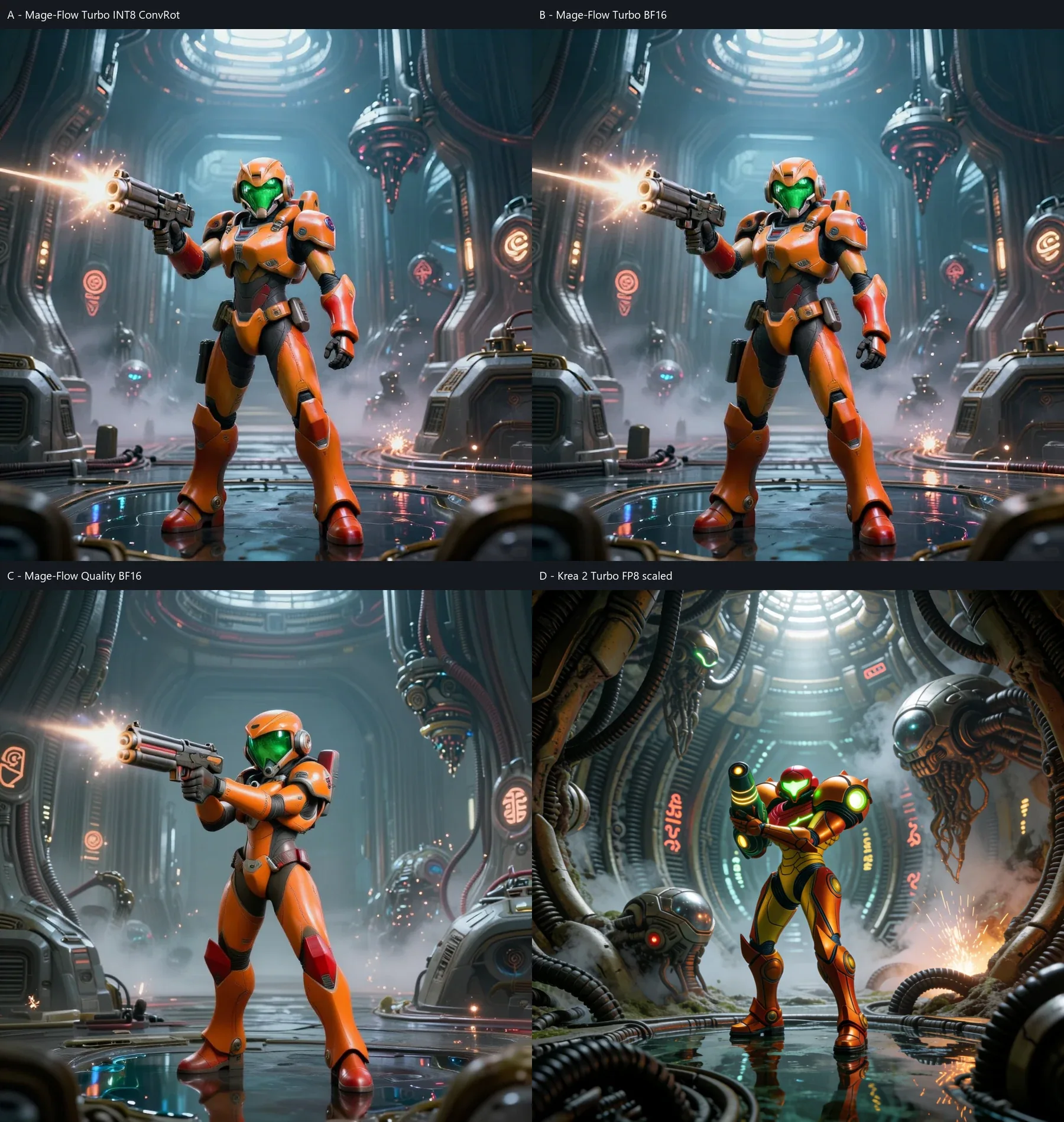 Four-way Samus Aran comparison across Mage-Flow Turbo INT8, Turbo BF16, Quality BF16 and Krea 2
