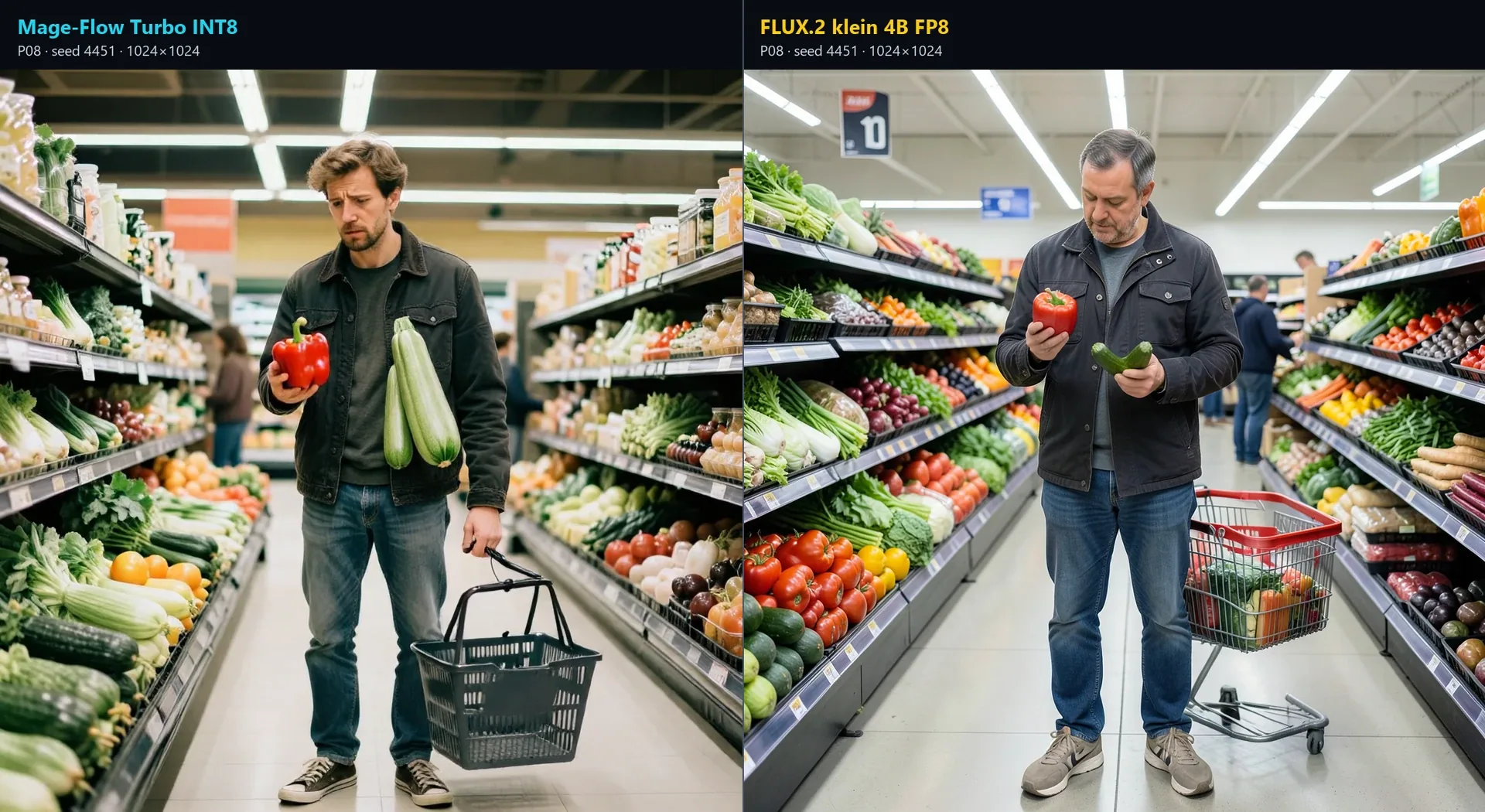Labelled supermarket comparison between Mage-Flow Turbo and FLUX.2 klein