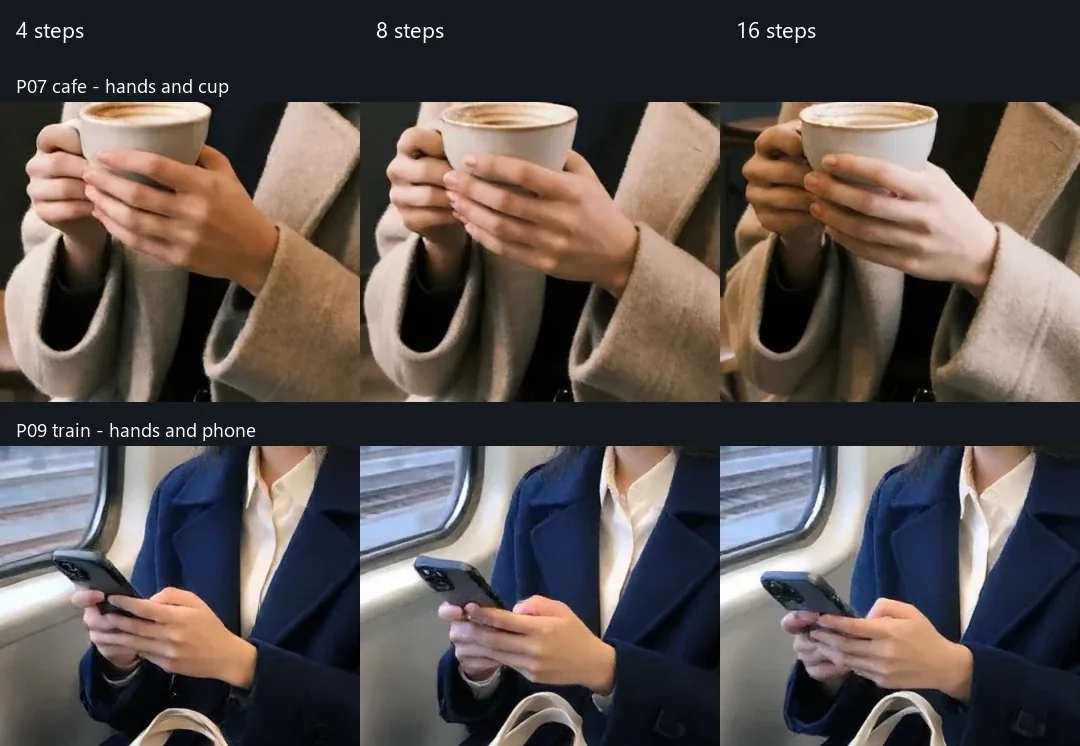 Native hand crops comparing Mage-Flow Turbo INT8 at 4, 8 and 16 steps on the cafe and train prompts