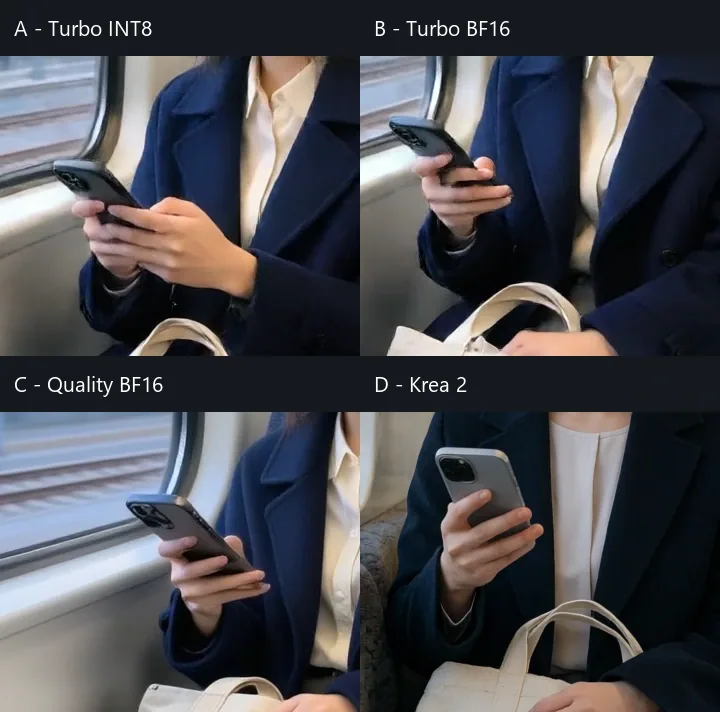 Native 100 percent crop comparing hands and smartphone geometry across four pipelines