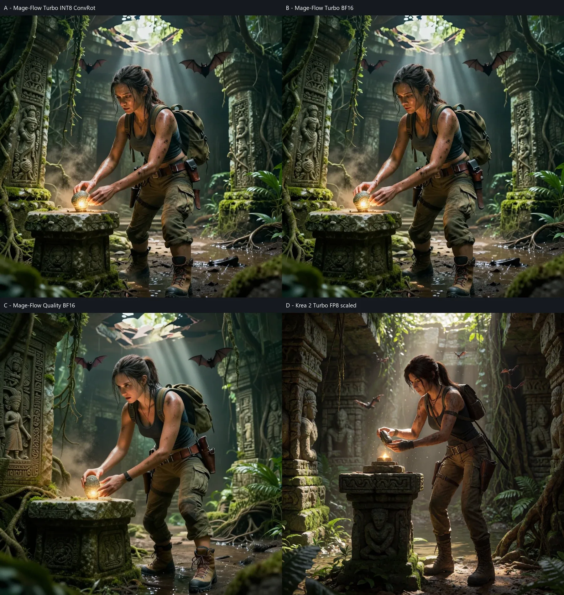 Four-way Lara Croft comparison showing Mage-Flow Turbo INT8, Turbo BF16, Quality BF16 and Krea 2 Turbo