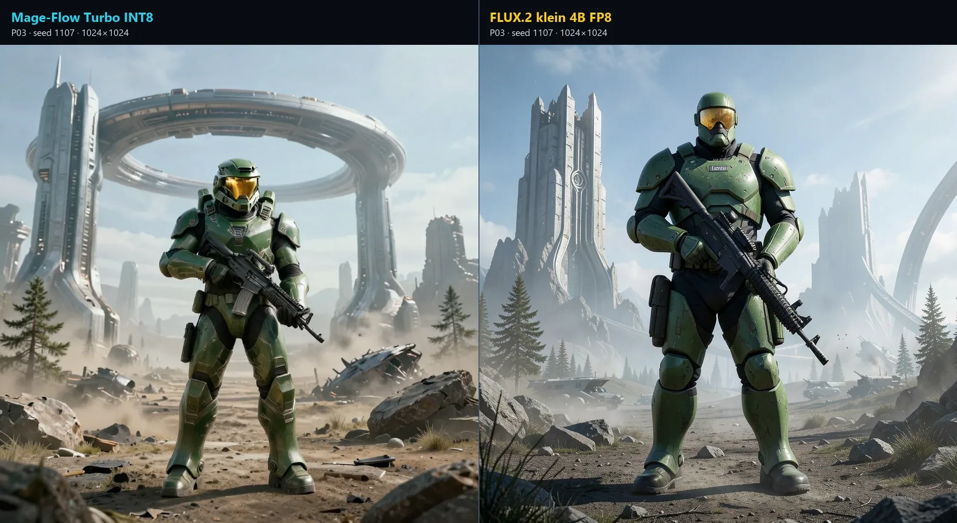 Labelled Master Chief comparison between Mage-Flow Turbo and FLUX.2 klein