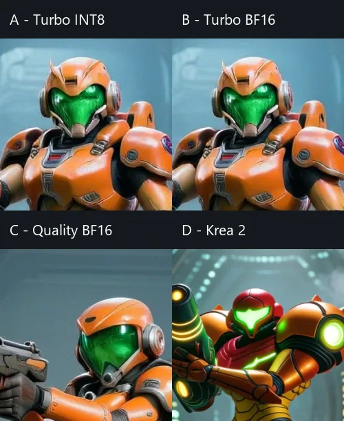 Native 100 percent crop comparing Samus helmet and visor design across four pipelines