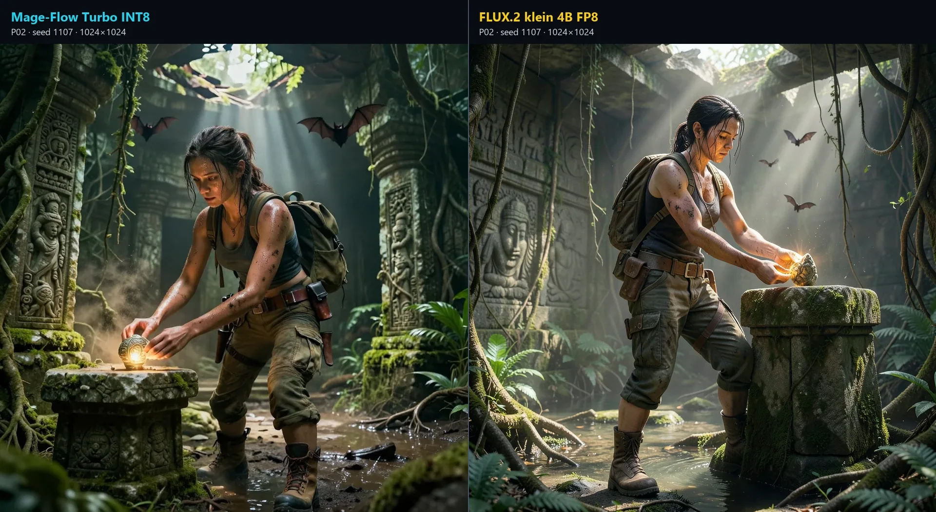 Labelled Lara Croft comparison between Mage-Flow Turbo and FLUX.2 klein