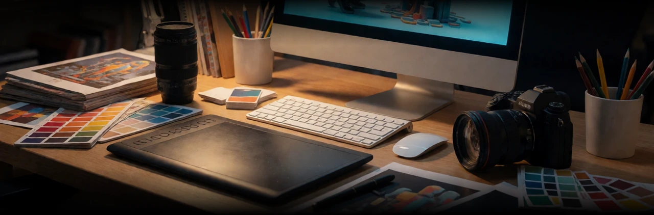 Floating creative studio desk at night
